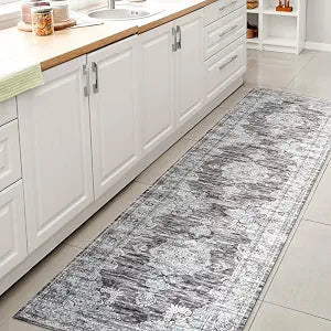 JONATHAN Y Machine Washable Dark Gray/Blue Runner Rug 2X8 ft, Bausch Bohemian Distressed Chenille for Living Room, Bedroom, Kitchen, Office, Easy-Cleaning, Pet-Friendly, Non-Shedding WSH201D-28