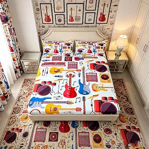 Manfei Musical Kids Fitted Sheet Twin Size, MusicalGuitar Radio Drum Kit Headset Print Bedding Set 2pcs for Boys Girls, Rock Music Bed Cover with 1 Pillowcase, Soft Polyester Bedding, No Top Sheet