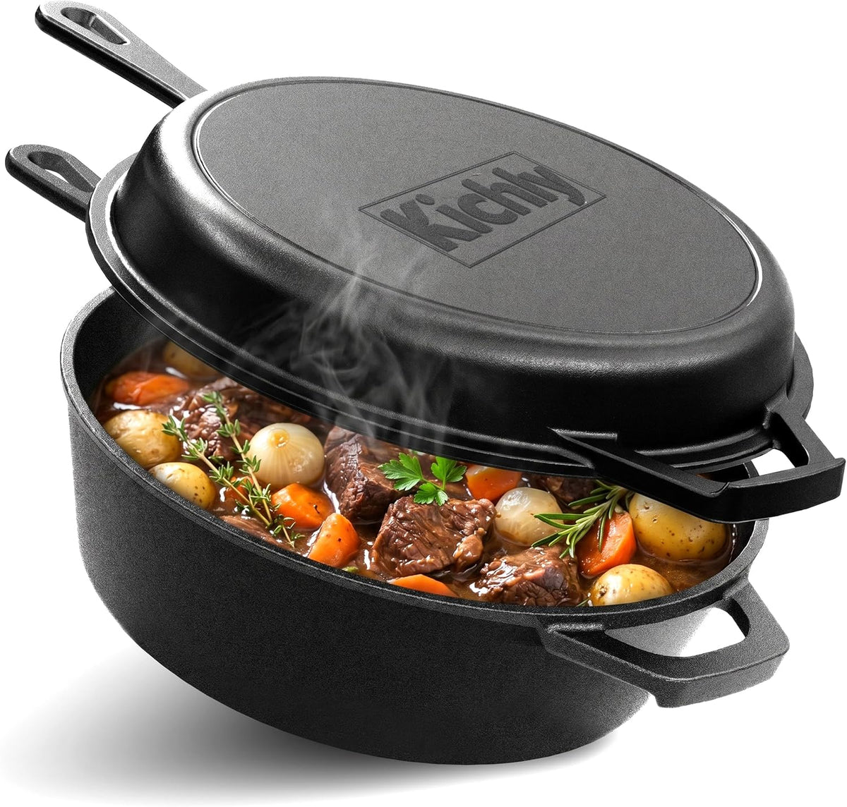 KICHLY Combo Cooker Cast Iron Dutch Oven 3.2QT with Lid 2 in1 Pre-Seasoned