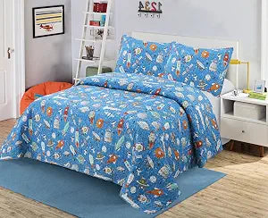MK Collection Bedspread Set Kids Teens Outer Space Themed Rocket and Planet Print, Space Ship Astronaut Blue Orange Bedspread Set New (Twin)