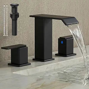 8 Inch Widespread Bathroom Faucets 3 Hole, Modern Aesthetic Waterfall Sink Faucet with Pop Up Drain & Supply Lines, Anti-Splashing & Stain-Resistant Matte Black Vanity Faucet for RV & Remodel