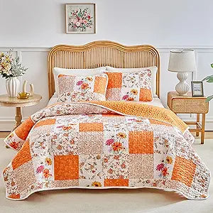 Joyreap 3 Pieces Floral Patchwork Quilt Set Queen, Orange n White Flowers Design, Smooth Soft Microfiber Quilt, Bedspread Bed Cover for All Season- 90x90 inches