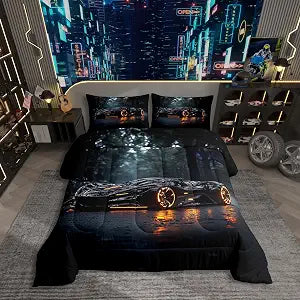 Erosebridal Sports Car Comforter Black Race Car Comforter Set Full Size | for Kid Boys Girls Extreme Sports Theme Bedding Set Cool Speed Luxury Cars Decor Quilt Set with 2 Pillowcases 3Pcs Bedding
