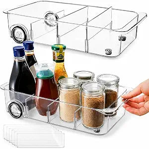 2 Pack Refrigerator Organizer Bin with Wheels, Roll Out Pantry Storage with Dividers, Clear Plastic Refrigerator Drawer, Upgrade Thick Fridge Caddy for Under Sink, Kitchen Organization