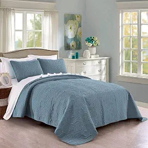 Pure Bedding Quilt Set Full/Queen Size Ash Blue - Oversized Bedspread - Soft Microfiber Lightweight Coverlet for All Season - 3 Piece Includes 1 Quilt and 2 Shams, Geometric Pattern