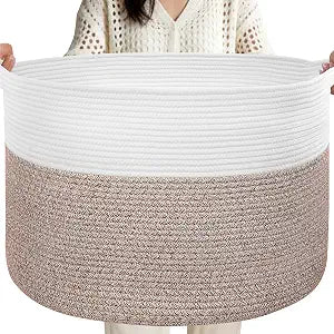 90L Large Blanket Basket Storage with Handles - White & Brown