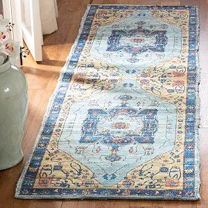 SAFAVIEH Saffron Collection Runner Rug - 2'3" x 8', Turquoise & Navy, Handmade Boho Chic Distressed Cotton, Ideal for High Traffic Areas in Living Room, Bedroom (SFN540K)