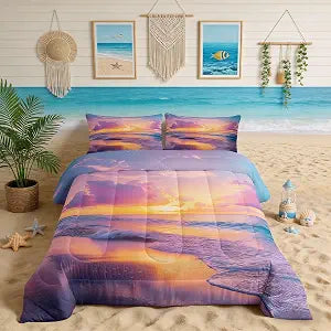 Homewish Sunset Glow Sky Bedding Set, Pink Sea and Cloud Print Natural Scenery Theme, Girly Style Comforter Set for Kids Girls Boys Teens Polyester Quilted Duvet with 1 Pillowcase, Twin Size