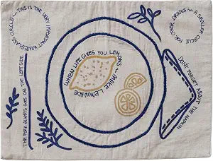 Creative Co-Op Woven Cotton and Linen Embroidered Placemat with Fruit, Leaves and Saying, Natural and Blue