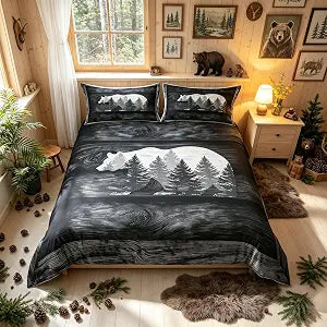 Lodge Cabin Duvet Cover Gray Bear Pine Tree Silhouette Pattern Comforter Cover with 2 Pillowcases(No Comforter) Wild Animal Western Jungle Style Bedding Set for Teens Adults Full Size 3 Pieces