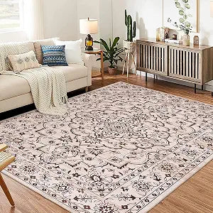 Garvee 3x5 ft Boho Area Rugs, Modern Machine Washable Area Rug for Living Room Bedroom, Ultra Thin Low Pile Floral Rug, Soft Stain Resistant Carpet with Non Slip Backing(Camel Red)