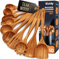 KICHLY Wooden Spoons Set, 10 Pack, Teak Wood Utensils Set for Cooking