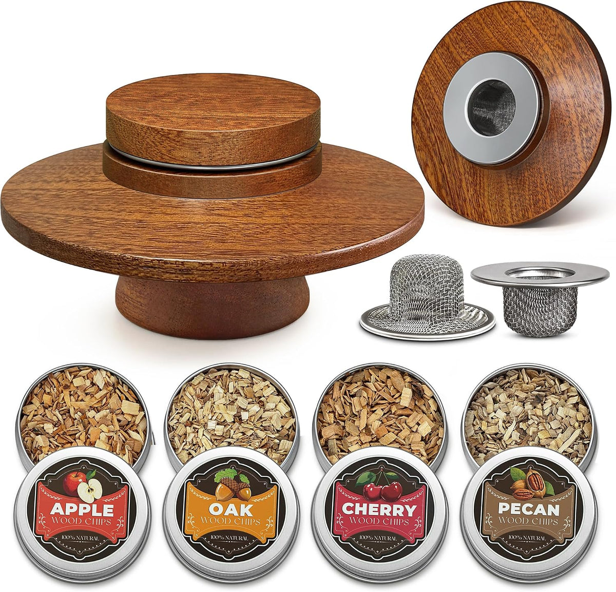 Whiskey Smoker Kit with 2pcs Stainless Steel Filters & 4 Flavor Wood Chips, Premium Sapele Smoker Kits for Cocktails, Party Use, Men's Gift