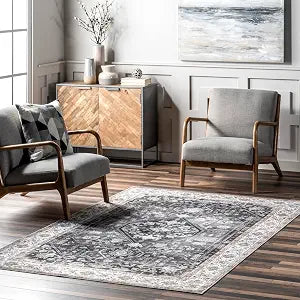 Nuloom SpinClean Devin Charcoal/Ivory, 3' x 5', Vintage, Soft and Cozy, High Traffic, Stain Resistant, Easy Clean, Durable, Machine Washable Area Rug for Bedroom, Living Room, Dining, Den, Foyer