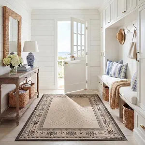SAFAVIEH Washable Rug Outdoor Courtyard Collection - 4' x 5'7", Sand & Black, Non-Shedding & Easy Cleaning, Ideal for Patio, Backyard, Mudroom (CY0901-3901)