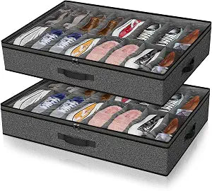 Under Bed Shoe Storage Organizer for Closet, 32 Pairs Sturdy Underbed Shoe Storage Boxes Bins Container Foldable Shoes Storage with Reinforced Handles & Clear Window for College Dorms Grey, Set of 2