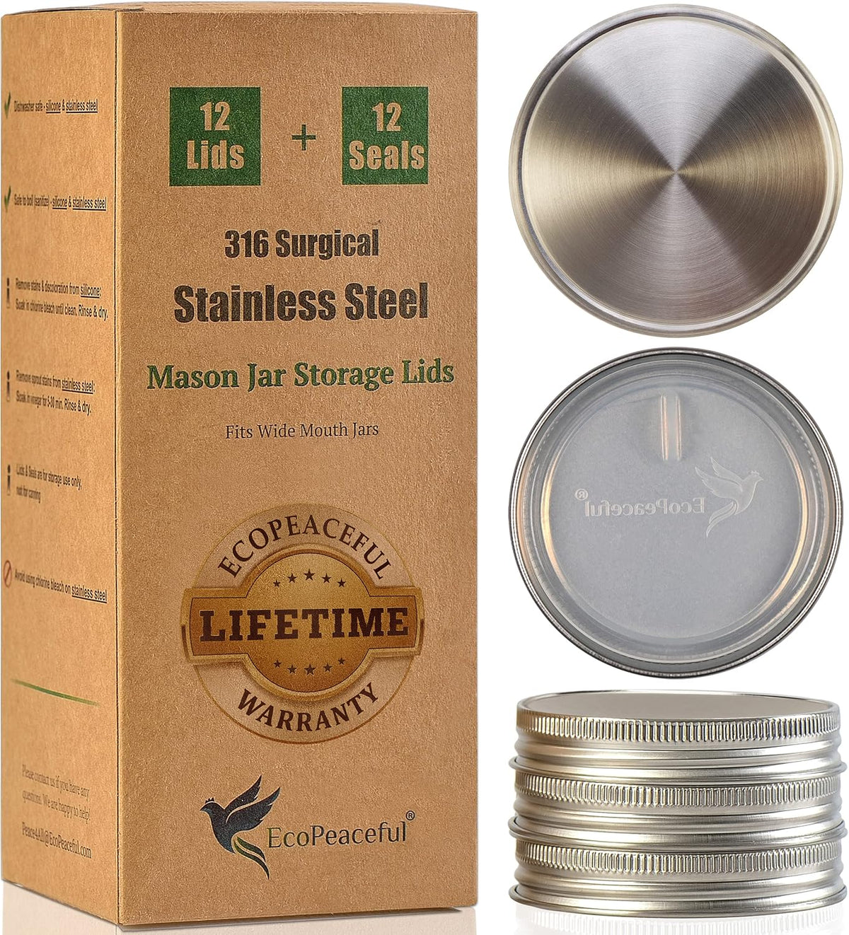 316 Surgical Stainless Steel Mason Jar Lids WIDE Mouth - Rust-proof, Airtight, Leak-proof, BPA-Free, PVC-free, Vegan, Reusable - Not for Canning