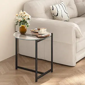 16" Round Glass Coffee Table,Tempered Glass End Table with Sturdy Metal Frame, Space-Saving Side Table for Living Room, Bedroom & Office, Easy Assembly, Clear/Black 16"