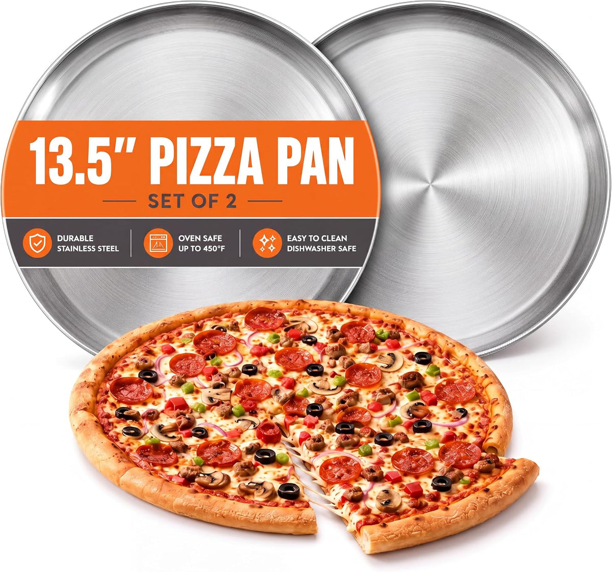 E-far 13.5'' Stainless Steel Pizza Pan for Oven, Pizza Baking Tray Set of 2