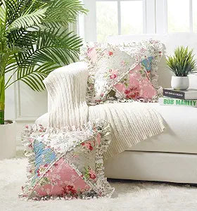 Brilliant Sunshine Multi Peach & Olive Flowers Ruffle Shams Set, 18"x18"