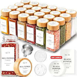 EDELHAUS Glass Spice Jars with Label, 24x Bamboo Wooden Lids - White Labels