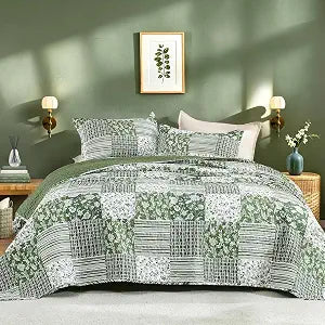 Litanika Floral Sage Quilt Queen - 3Pcs Botanical Birds Bedding Set