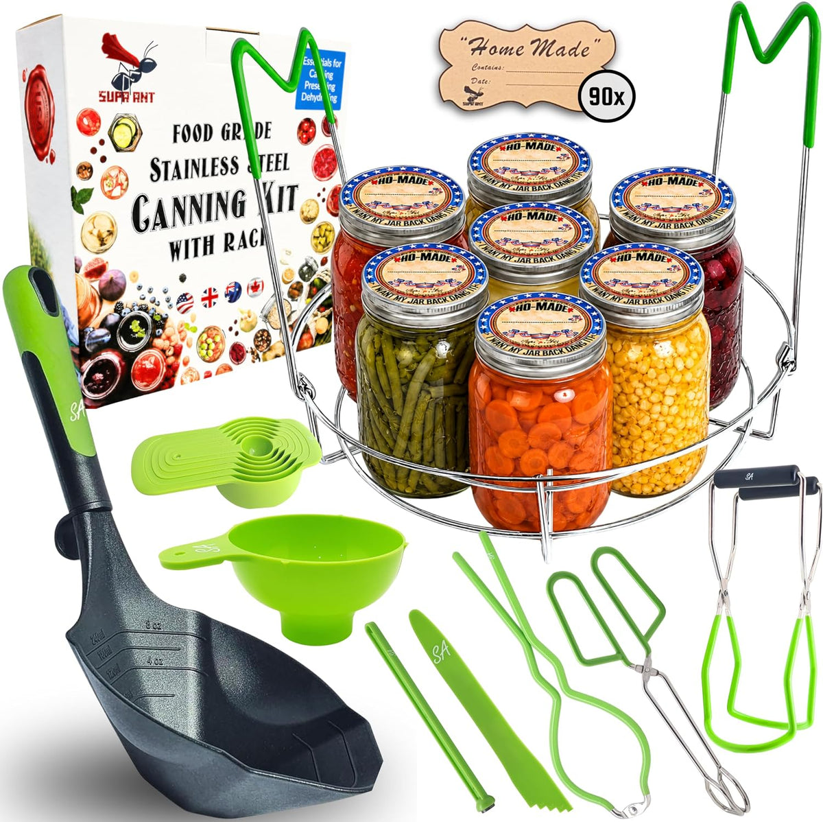 Canning Supplies 10pc Food-Grade Stainless Steel Canning Kit. XL Ladle, 6 Measuring Cups, Jar Lifter, Wide Mouth Funnel, Canning Rack (7-Jar Capacity) & 90 Labels Beginner-Friendly, Green by Supa Ant