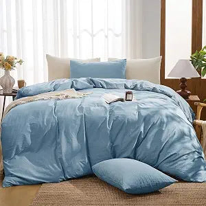 BISELINA 100% Washed Cotton Wave Jacquard Ripple Duvet Cover 3-Pieces Set,Solid,Boho Style, Comfortable, Breathable,Durable,Simple Design for All Seasons (Cornflower Blue, Twin)