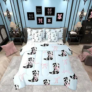 7pcs Cowgirls Comforter Set Twin Size, Pink Bows Cow Print Boots Bedding Set, Western Cowboy Cute Bowknot Cartoon Blue Bed in A Bag with Comforter, Sheets and Pillowcases, Kids Girl Woman Room Decor