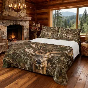 Camo Deer Kids Sheet Full Size,Dead Branches Wild Animals Hunting Bedding Set,Boys Girls Adults Room Decor,Rustic Farmhouse Camouflage Brown Retro Bed Sheet Set 4pcs(Fitted + Flat + 2 Pillowcases)