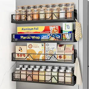 16.9 Inch Large Capacity Magnetic Spice Rack for Refrigerator Black, 4 Pack