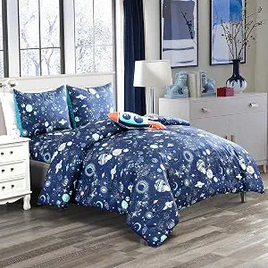 WPM 5 Piece Blue Space Ship Rocket Print Full Size Comforter Set, Sheet Pillow sham and Rocket Pillow Included (Pandora, Full Comforter)