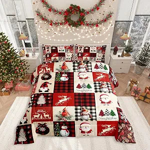 Christmas Comforter Set Twin Size,Red Plaid Holiday Design Bedding Set 2pcs,Snowman Santa Claus New Year Patchwork Down Comforter for All Season, Kids Boys Girls Room Decor,1 Pillowcase,No Sheets