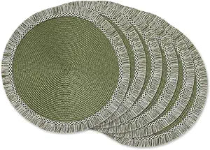DII Woven Placemat Collection Round, 14.75" Diameter, Sage Fringe, 6 Piece
