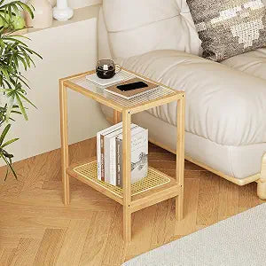 Bamworld Side Table Nature Rattan End Table 2-Tier with Storage Boho