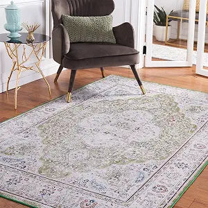 SAFAVIEH Washable Rug Tucson Collection - 4' Square, Green & Beige, Slip Resistant & Easy to Clean, Ideal for Foyer, Kitchen, Nursery, Office, Bedroom (TSN136Y)