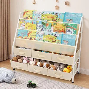 36" Extra Wide Kids Bookshelf and Toy Storage Organizer, 3-Tier Front Facing Book Shelf with 6 Large Removable Storage Bins, Toddler Bookshelf for Nursery, Playroom, Bedroom, Montessori Reading Corner