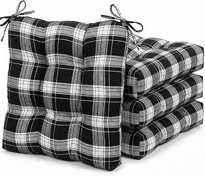 Geetery 4 Pcs Outdoor Plaid Chair Cushions with Ties for Dining Chairs Scottish Plaid Decorative Seat Cushions for Kitchen Patio Home Living Room, 15 x 16'' (Black and White)