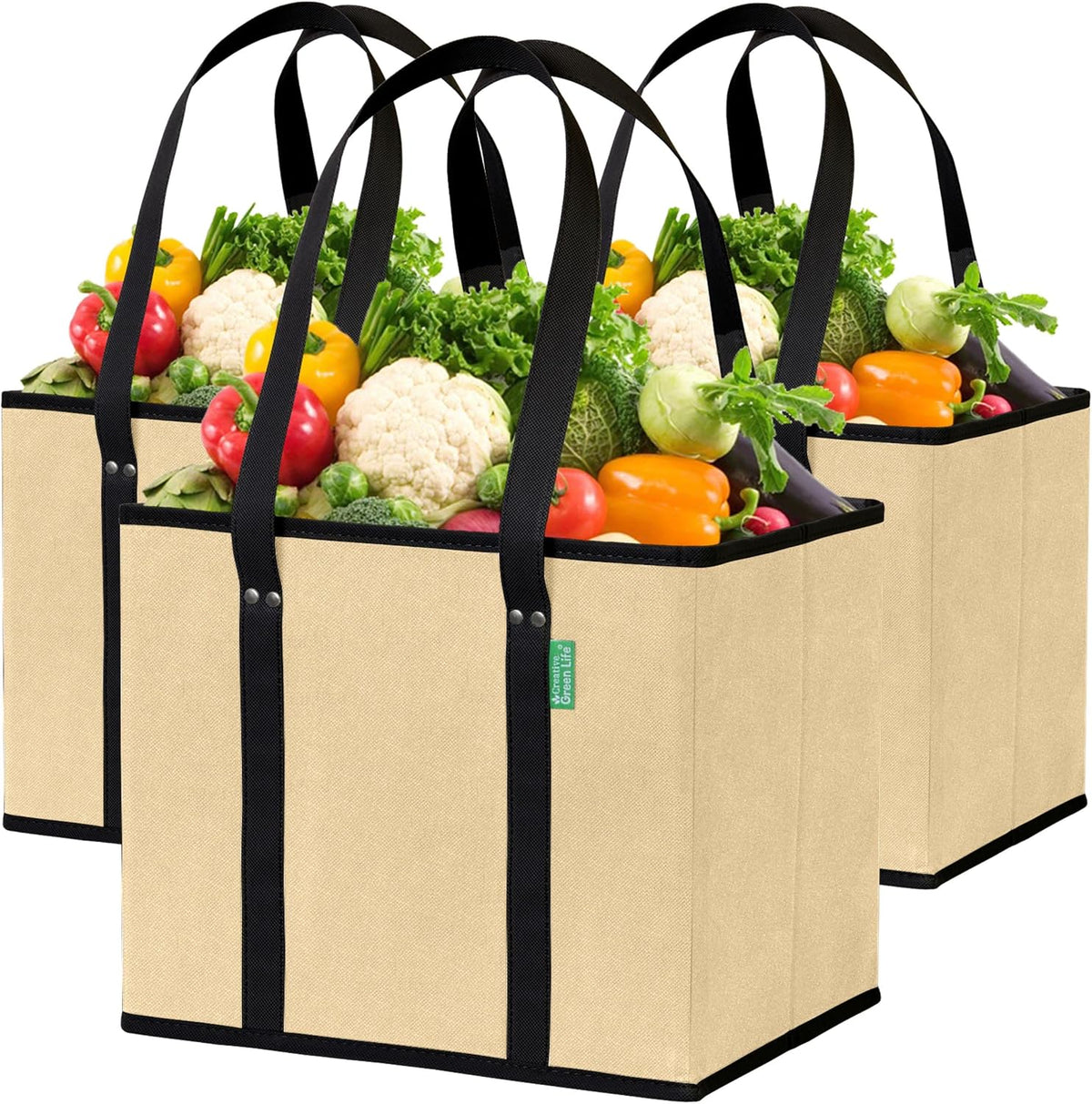 Reusable Grocery Bags (3 Pack) - Heavy Duty Reusable Shopping Bags, Beige