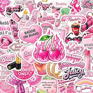 Pink Baddie Stickers  Waterproof Vinyl Baddie Decals for Water Bottles, Laptops, Journaling  Non-Repeating Decals, High-Definition Print Gift for Womens (50PCS)