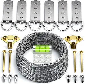 Heavy Duty Picture Wire Hanging Kit - D-Ring, Screws, Hanging Hooks,Level. Supports up to 100 lbs 50+ Feet (15.25M) Stainless Steel Wire Hanger