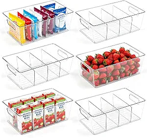 6 Pack Pantry Organizers and Storage, Food Storage Containers with 3 Removable Divider for Kitchen, Fridge, Cabinet Organization, Clear Plastic Storage Bins for Snacks, Spice Packets, Packets, Pouches