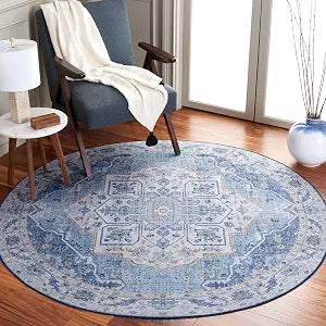 SAFAVIEH Washable Rug Tucson Collection - 4' Round, Light Blue & Blue, Slip Resistant & Easy to Clean, Ideal for Foyer, Kitchen, Nursery, Office, Bedroom (TSN118L)