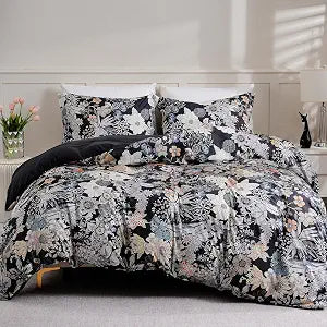 LONAVA King Flower 3 Pcs Duvet Cover Set, Breathable Soft Microfiber Black Lining Comforter Cover with Zipper Closure, and 2 Anti-Pilling, Fade Resistant Pillowcases, Midnight Blossoms
