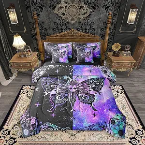 Erosebridal Moth Purple Black Boho Butterfly Gothic Full Comforter Set