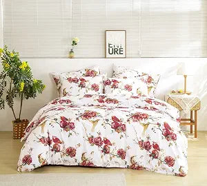 Tache Floral Hummingbirds Burgundy Ivory Antique Vintage Farmhouse Spring Country Rustic Microfiber Reversible Rose Garden Duvet Cover Full
