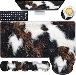 Mouse Pad,Large Pink Desk Mat, 4in1 XXL Mousepad + Keyboard Wrist Rest+Mouse Wrist Rest+Coaster Set with Ergonomic Desk Pad for Home Office Table Computer-Cute Cowhide Brown Black Cow