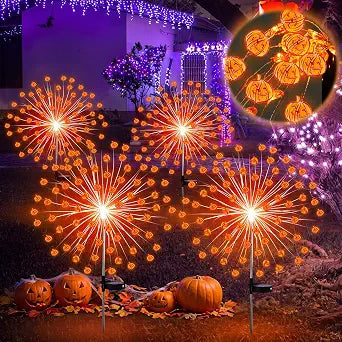 Tujoe 4 Pcs Halloween Pumpkin Solar Firework Lights 90 LED Warm Color