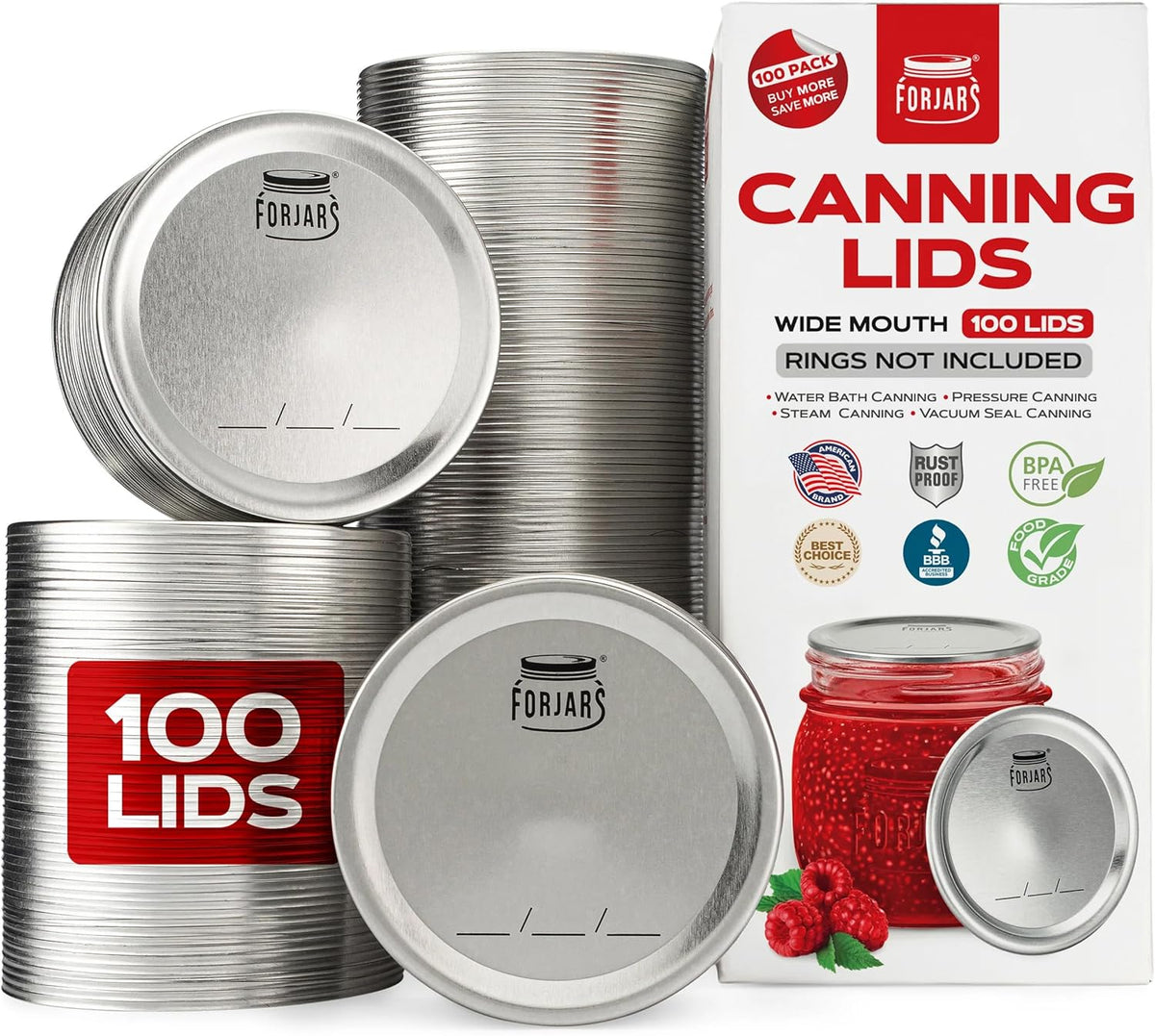 FORJARS - Wide Mouth Canning Lids, 100-Pack - Create Airtight Seals on Mason Jars to Preserve Food for Meal Prep & Emergency Food Storage - 3.4 In. Metal Lids with Silicone Seals - Canning Supplies