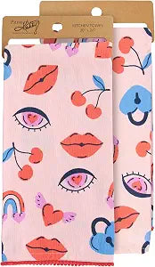 Primitives by Kathy Decorative Kitchen Towel Love Locks Bold Stylish Love Themed Icons Lips, Heart Eyes, Cherries, heartshaped Lock, giftable Kitchen Accessory